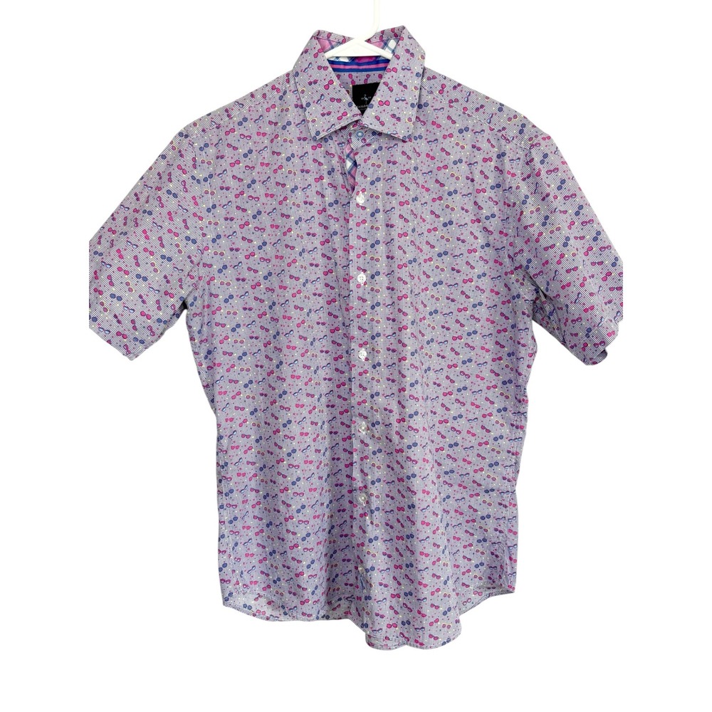TailorByrd Sunglasses Print Short Sleeve Button Down Shirt Purple Pink Medium